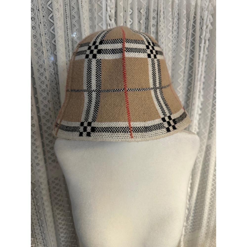 Tan Plaid Knit Bucket Hat Women Classic Check Pattern Beige Red Black